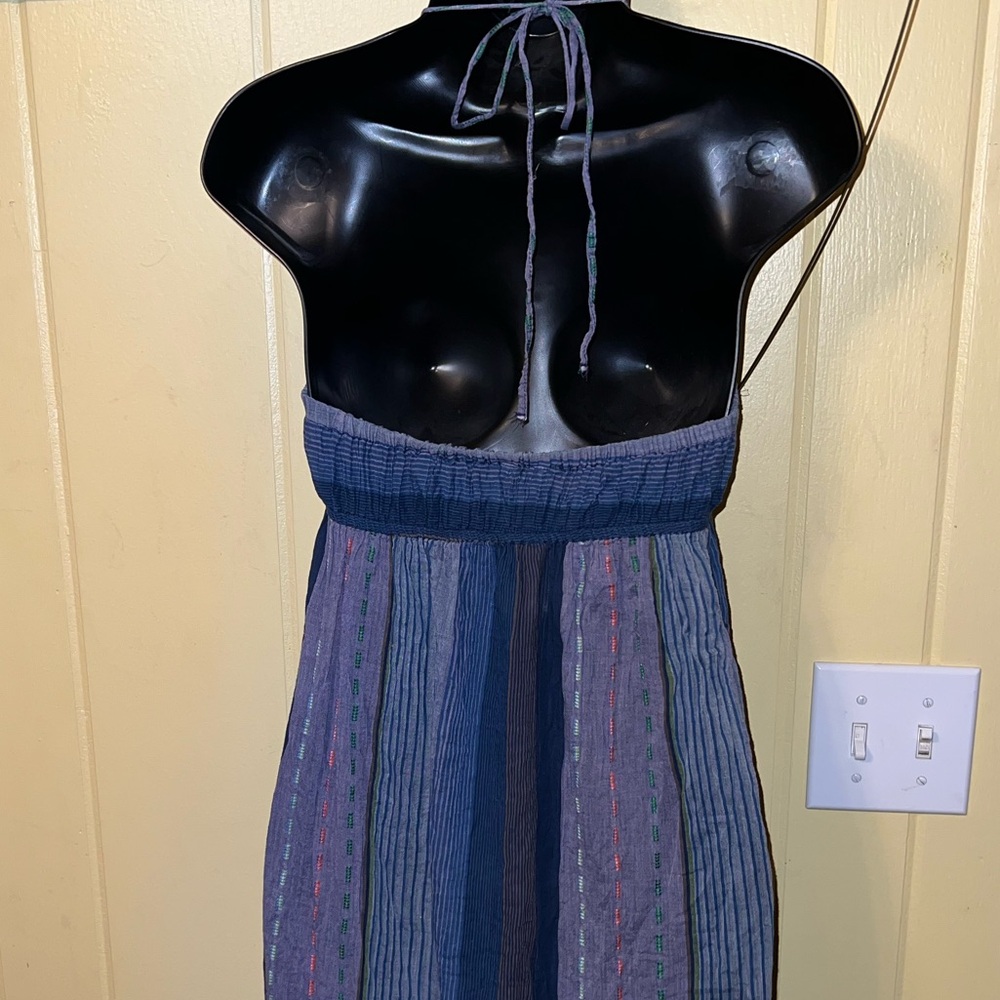 Vintage Blue Stripe Halter Open Back Embroidery Boho Ruffle Maxi Dress Size M - Picture 7 of 11